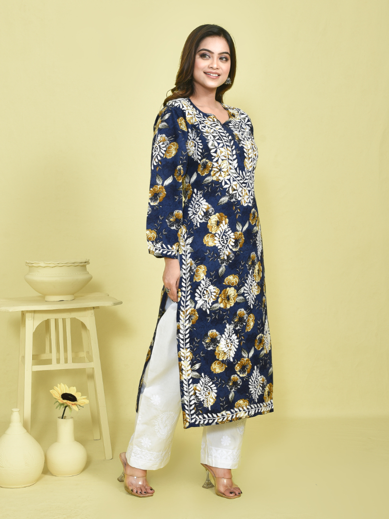 Grey Chikankari Work Floral Printed Mulmul Kurta Set with White Chikankari Embroidered Cotton Pants - Image 3