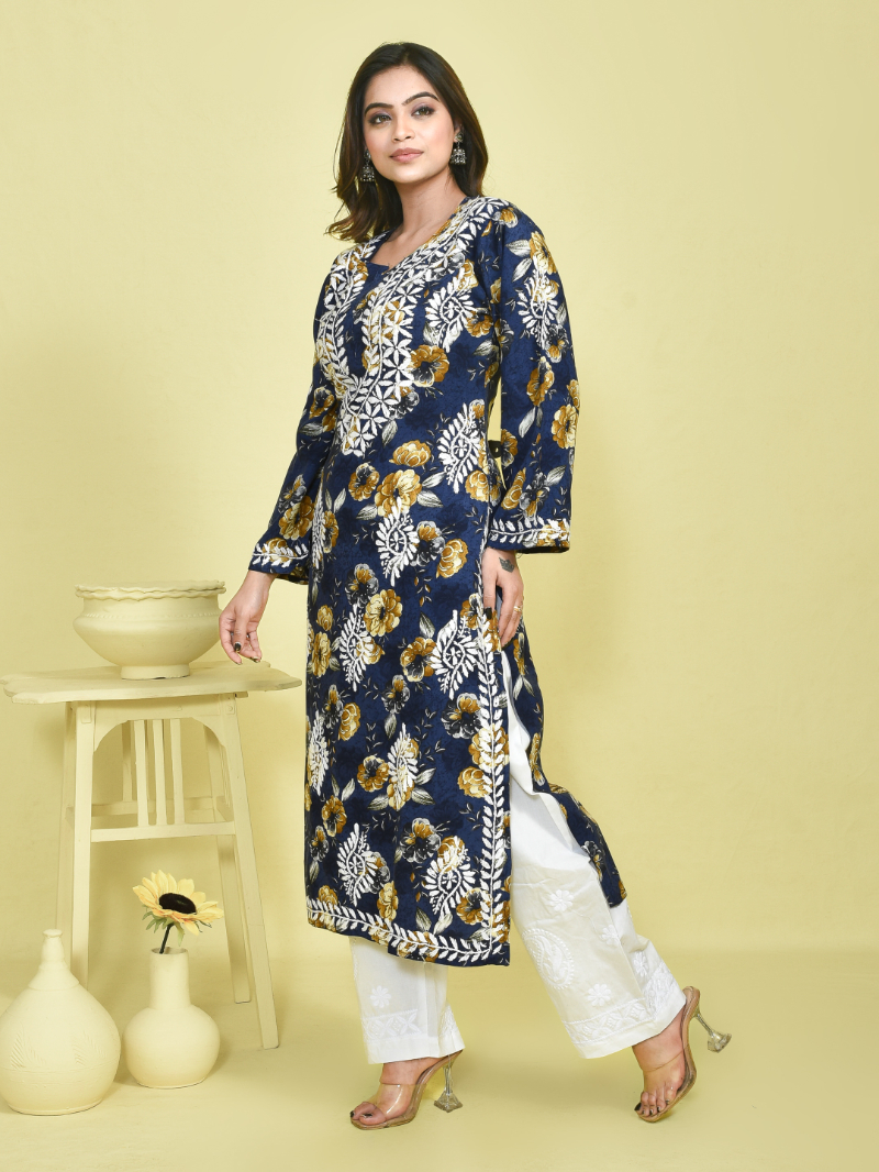 Grey Chikankari Work Floral Printed Mulmul Kurta Set with White Chikankari Embroidered Cotton Pants - Image 2