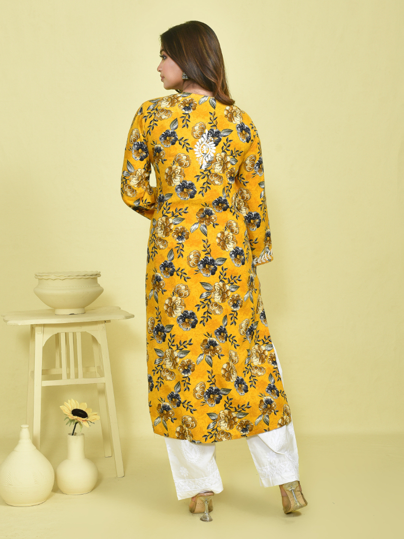 Yellow Chikankari Work Printed Mulmul Kurta Set with White Chikankari Embroidered Cotton Pants - Image 4
