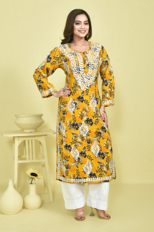 Yellow Chikankari Work Printed Mulmul Kurta Set with White Chikankari Embroidered Cotton Pants