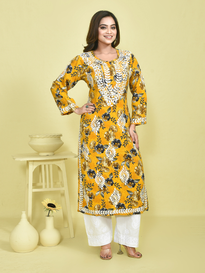 Yellow Chikankari Work Printed Mulmul Kurta Set with White Chikankari Embroidered Cotton Pants