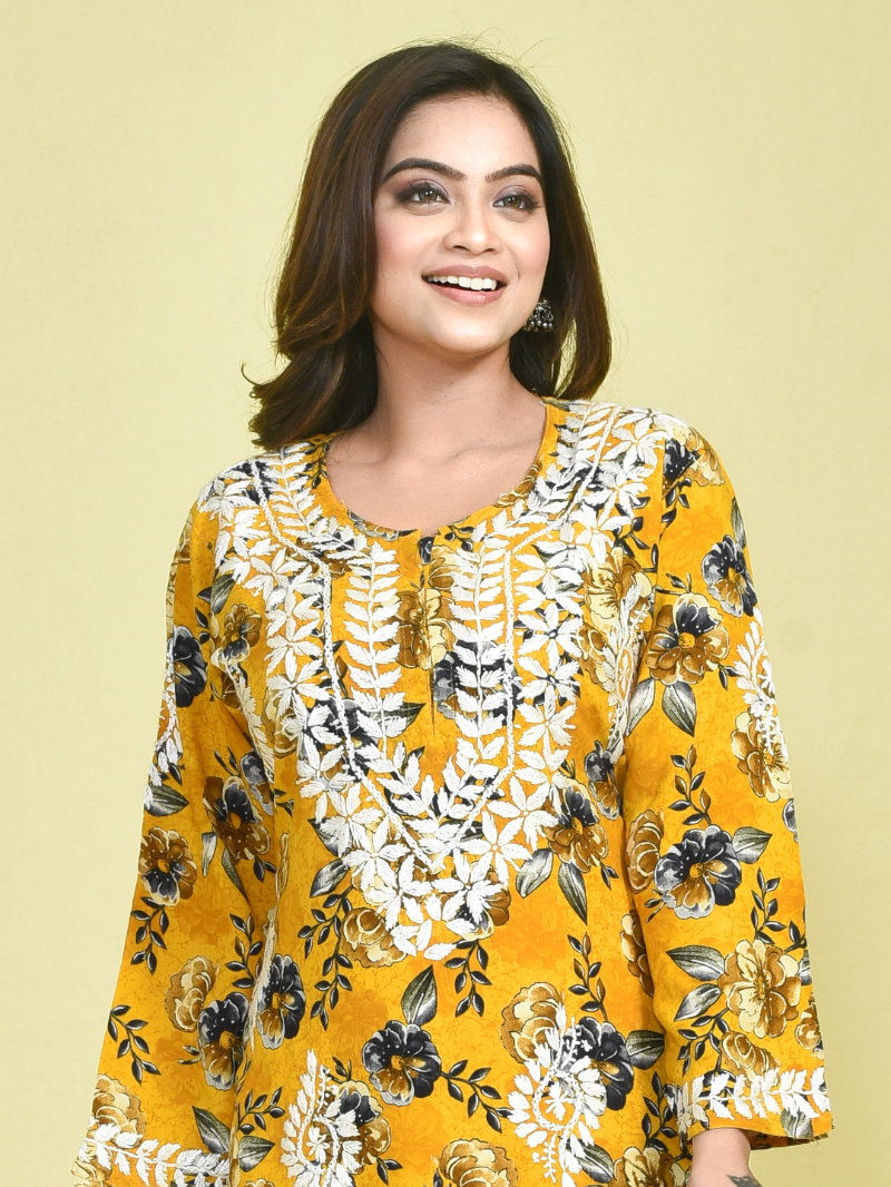 Yellow Chikankari Work Printed Mulmul Kurta Set with White Chikankari Embroidered Cotton Pants - Image 5