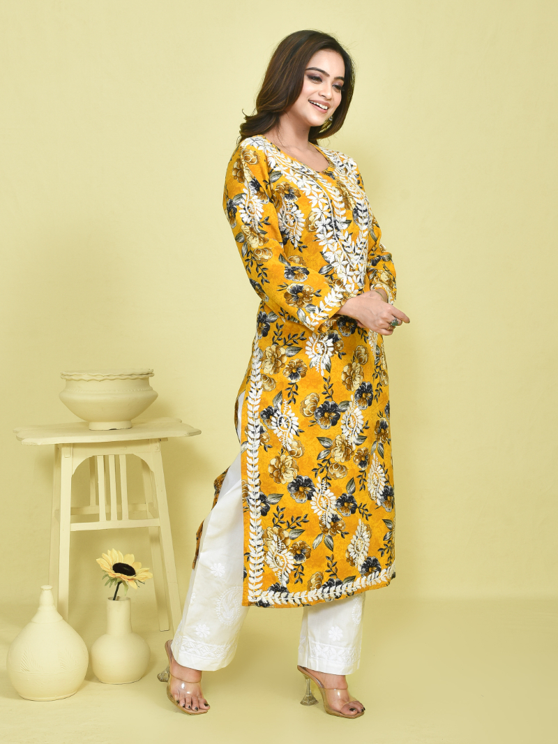 Yellow Chikankari Work Printed Mulmul Kurta Set with White Chikankari Embroidered Cotton Pants - Image 3