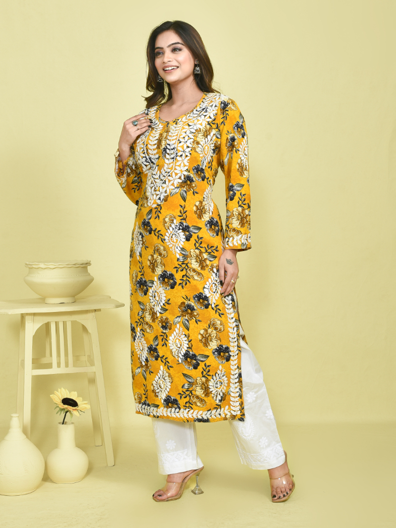 Yellow Chikankari Work Printed Mulmul Kurta Set with White Chikankari Embroidered Cotton Pants - Image 2