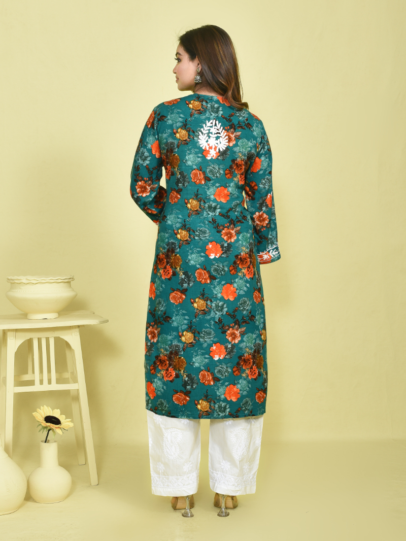 Deep Green Chikankari Work Floral Printed Mulmul Kurta with White Chikankari Embroidered Pant - Image 4