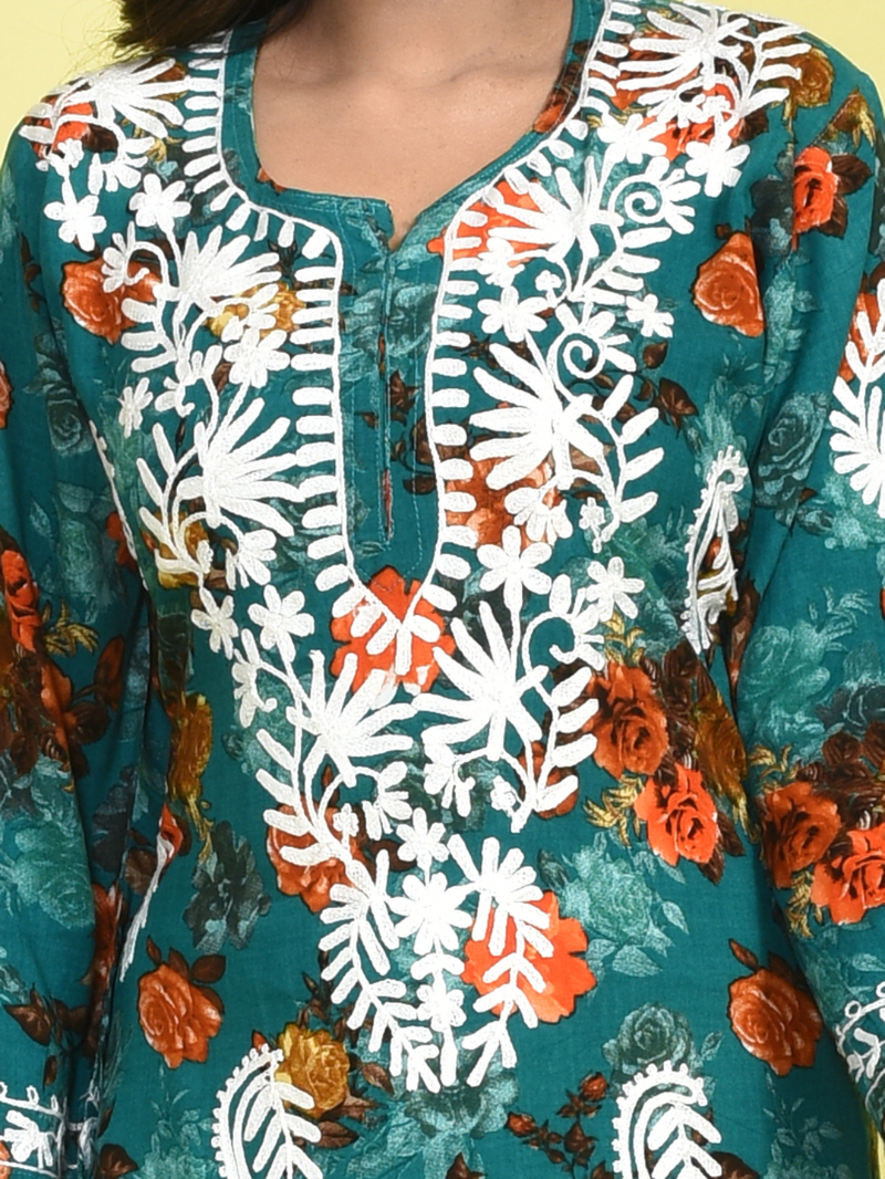 Deep Green Chikankari Work Floral Printed Mulmul Kurta with White Chikankari Embroidered Pant - Image 6