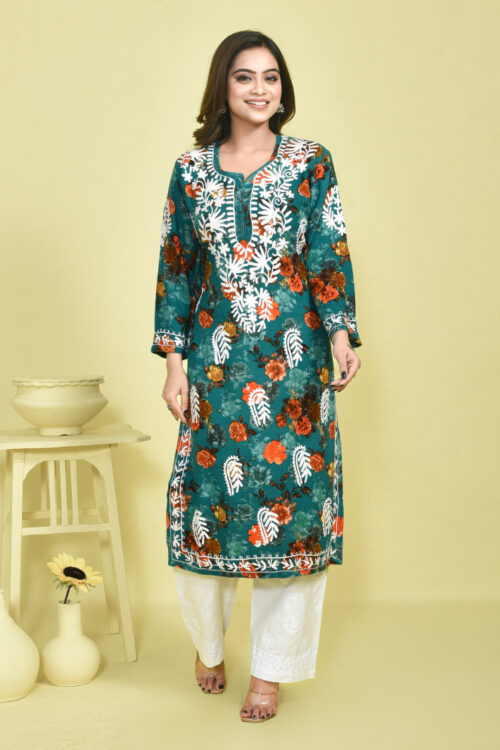 Deep Green Chikankari Work Floral Printed Mulmul Kurta with White Chikankari Embroidered Pant