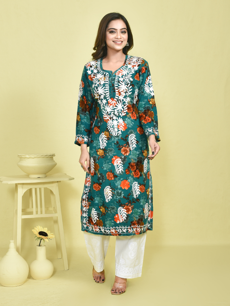 Deep Green Chikankari Work Floral Printed Mulmul Kurta with White Chikankari Embroidered Pant