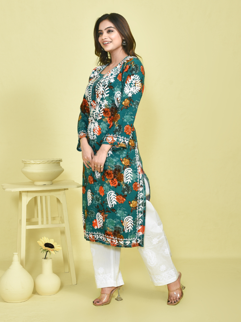 Deep Green Chikankari Work Floral Printed Mulmul Kurta with White Chikankari Embroidered Pant - Image 3