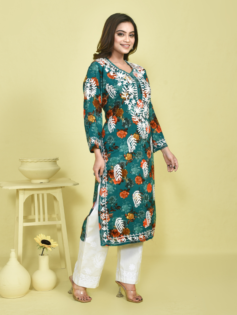 Deep Green Chikankari Work Floral Printed Mulmul Kurta with White Chikankari Embroidered Pant - Image 2
