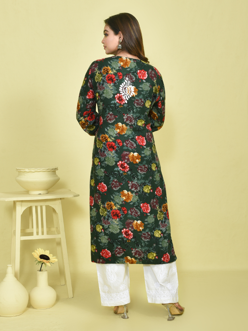 Sap Green Chikankari Work Printed Mulmul Kurta Set with White Chikankari Embroidered Cotton Pants - Image 4