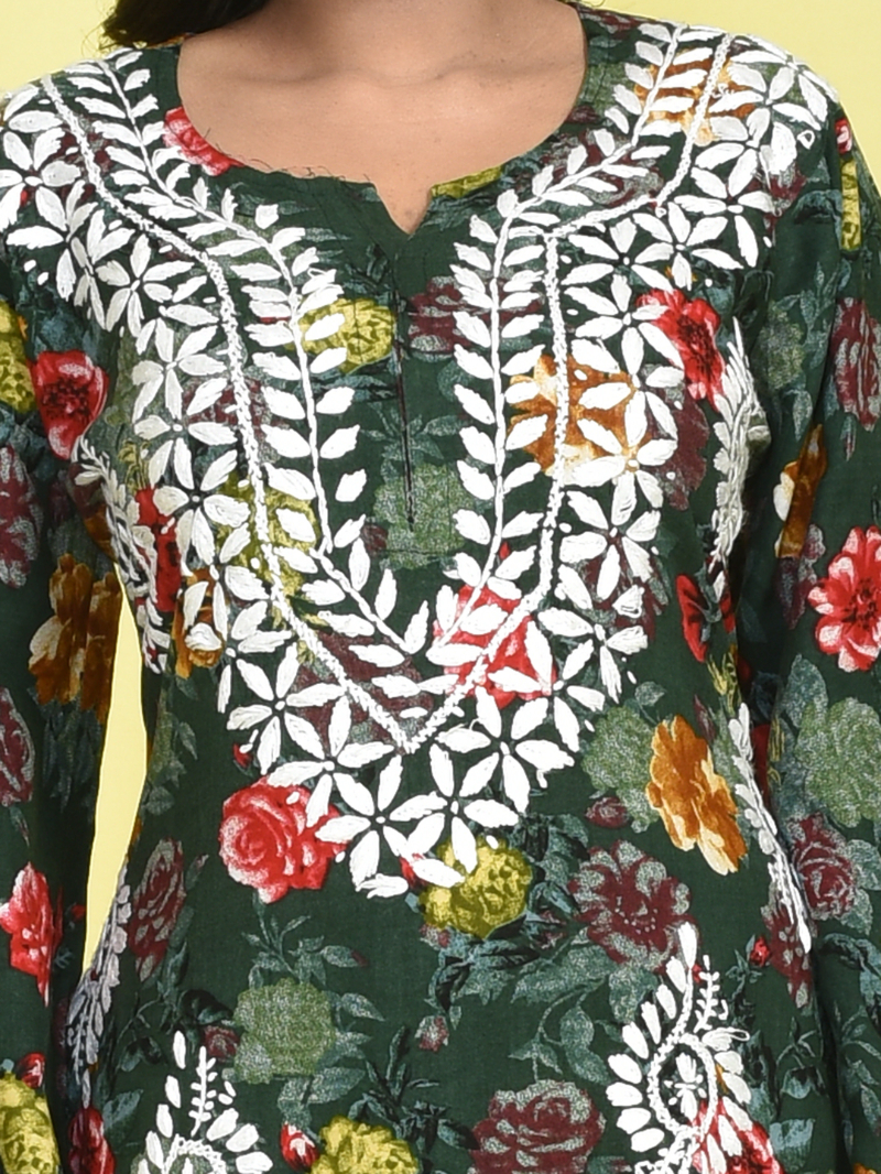 Sap Green Chikankari Work Printed Mulmul Kurta Set with White Chikankari Embroidered Cotton Pants - Image 6