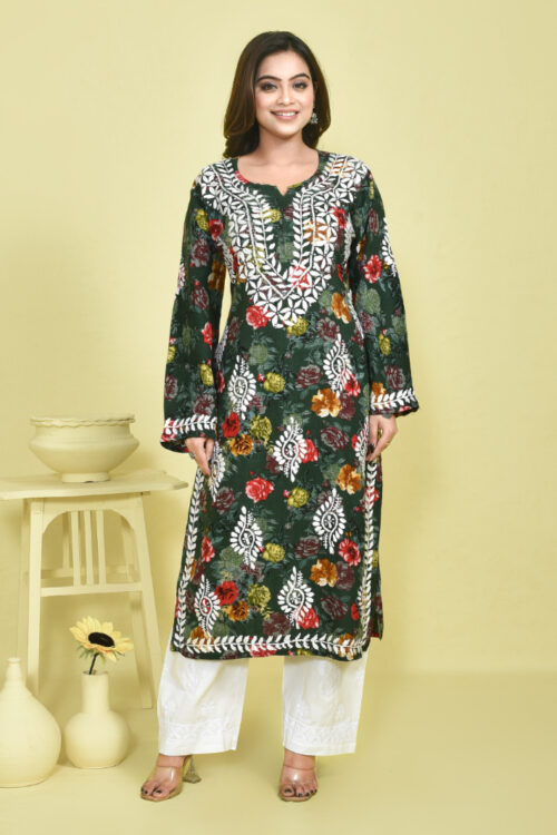 Sap Green Chikankari Work Printed Mulmul Kurta Set with White Chikankari Embroidered Cotton Pants
