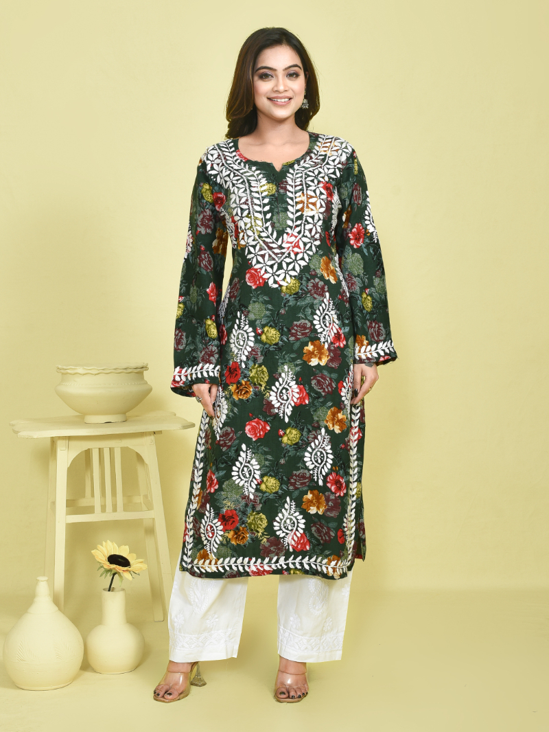 Sap Green Chikankari Work Printed Mulmul Kurta Set with White Chikankari Embroidered Cotton Pants