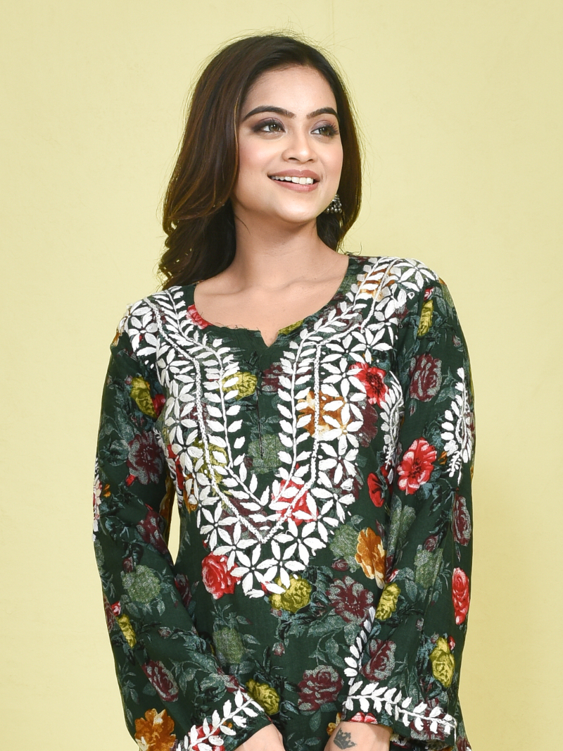 Sap Green Chikankari Work Printed Mulmul Kurta Set with White Chikankari Embroidered Cotton Pants - Image 5