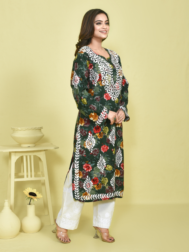 Sap Green Chikankari Work Printed Mulmul Kurta Set with White Chikankari Embroidered Cotton Pants - Image 3