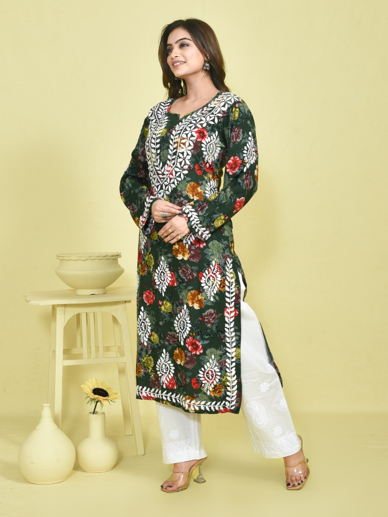 Sap Green Chikankari Work Printed Mulmul Kurta Set with White Chikankari Embroidered Cotton Pants - Image 2