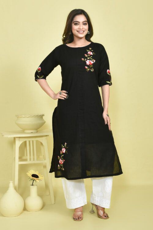 Black Rose Design Hand Embroidered Khadi Cotton Kurta with White Chikankari Embroidered Cotton Pants