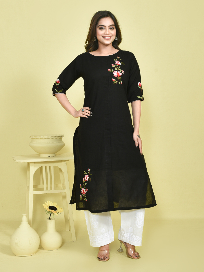Black Rose Design Hand Embroidered Khadi Cotton Kurta with White Chikankari Embroidered Cotton Pants