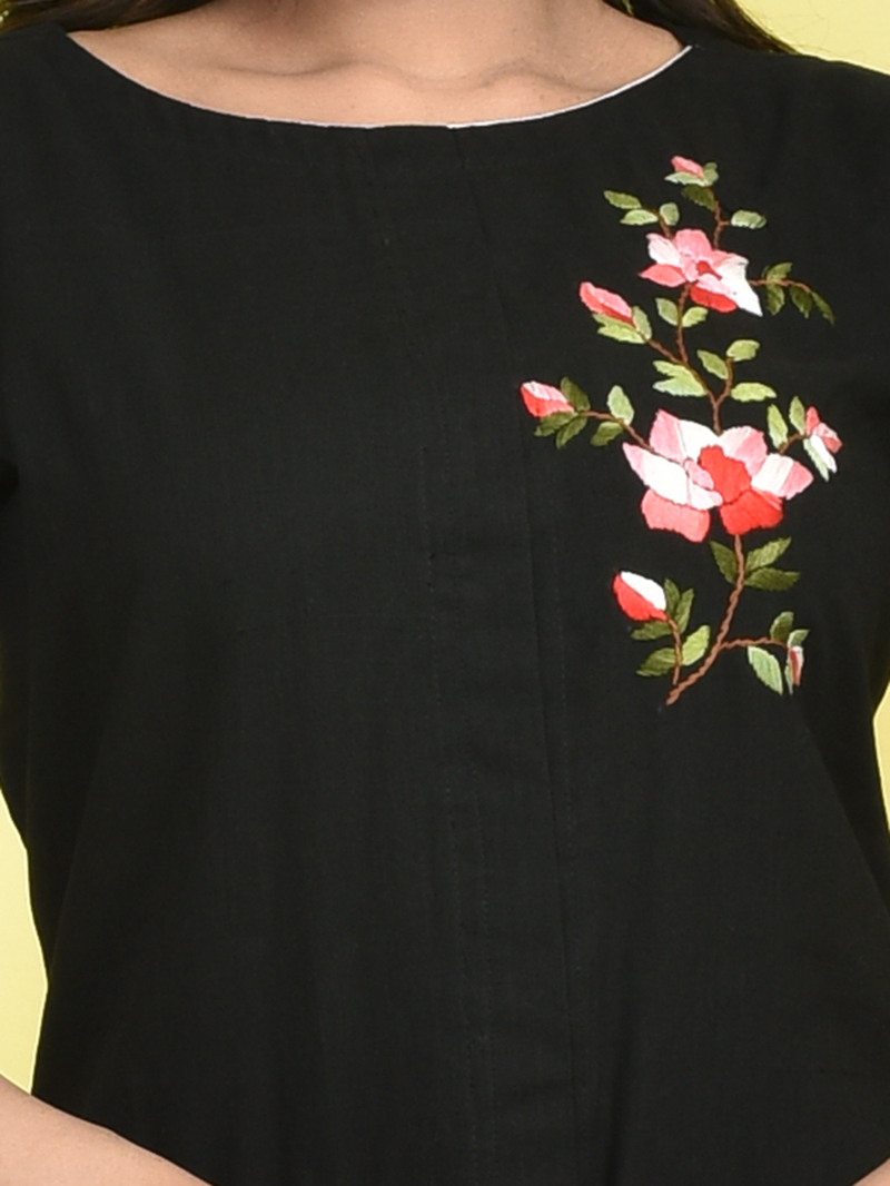 Black Rose Design Hand Embroidered Khadi Cotton Kurta with White Chikankari Embroidered Cotton Pants - Image 6
