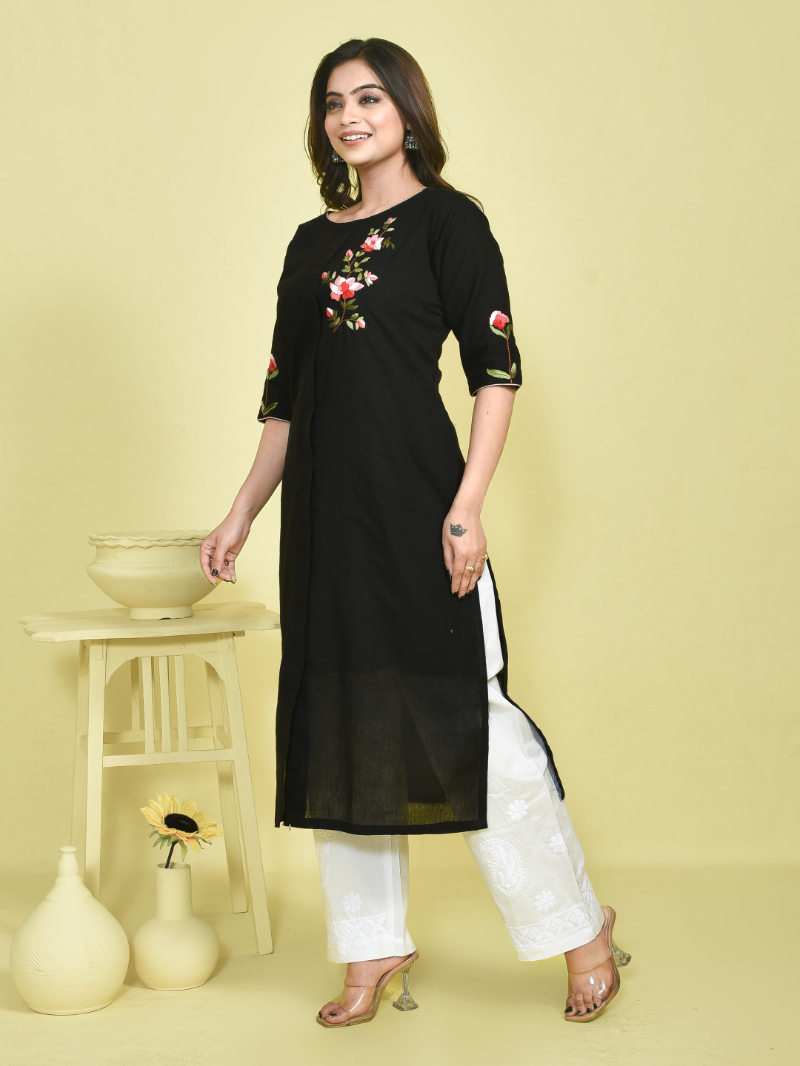 Black Rose Design Hand Embroidered Khadi Cotton Kurta with White Chikankari Embroidered Cotton Pants - Image 3