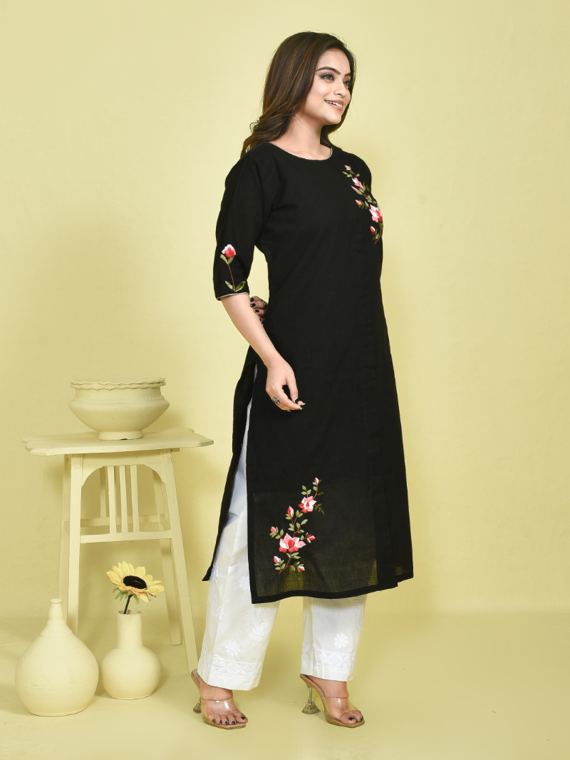 Black Rose Design Hand Embroidered Khadi Cotton Kurta with White Chikankari Embroidered Cotton Pants - Image 2