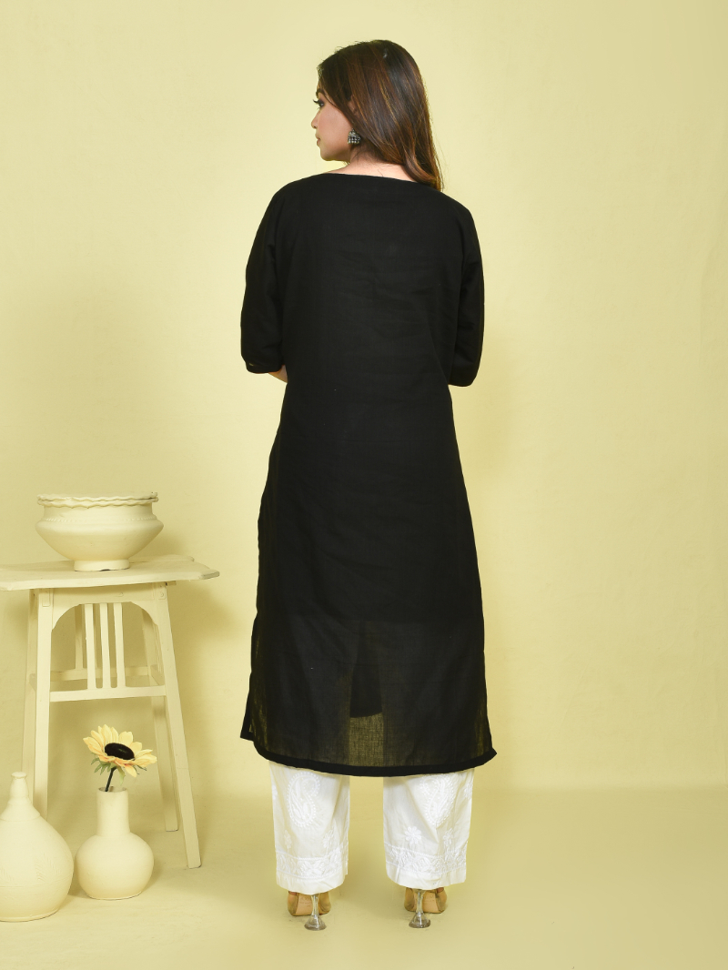 Black Canna Design Hand Embroidered Khadi Kurta with White Chikankari Embroidered Cotton Pants - Image 4