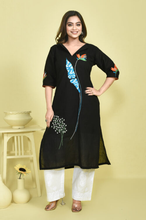 Black Canna Design Hand Embroidered Khadi Kurta with White Chikankari Embroidered Cotton Pants