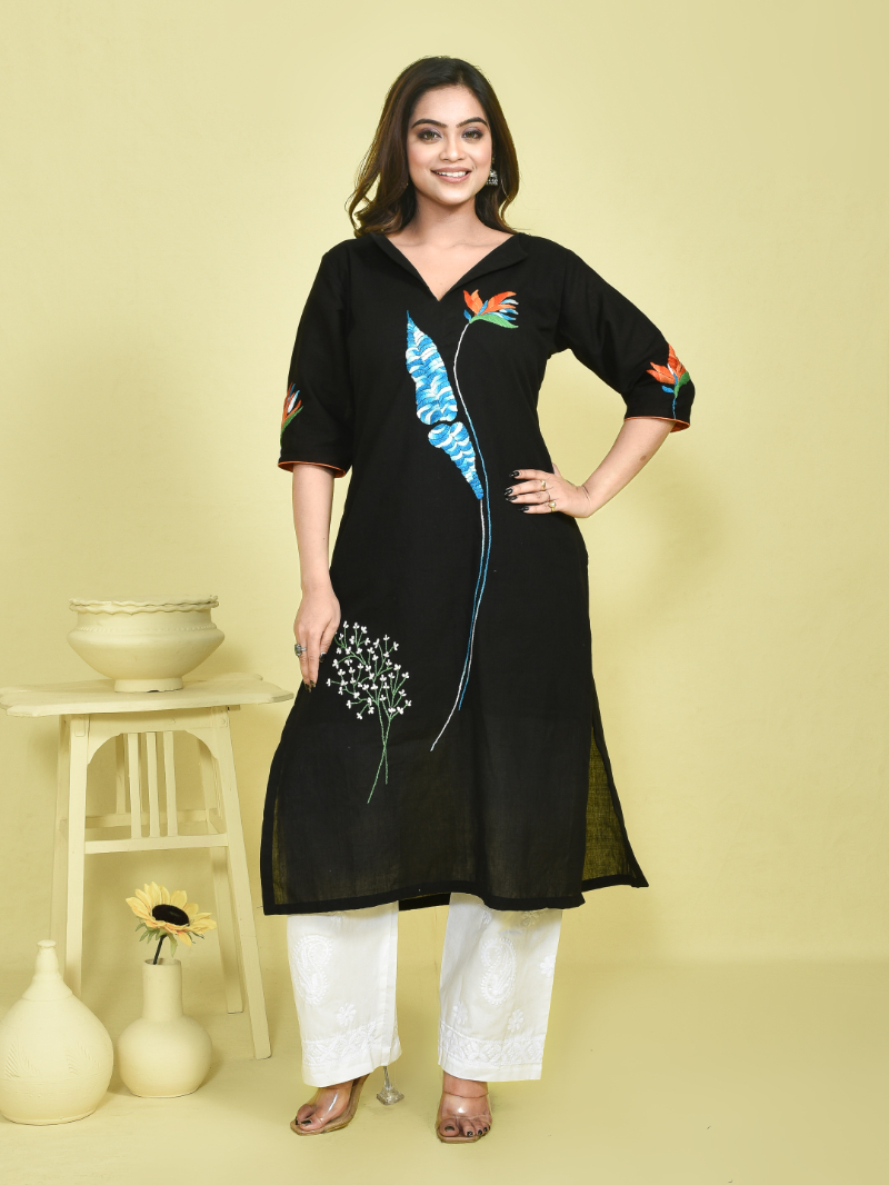 Black Canna Design Hand Embroidered Khadi Kurta with White Chikankari Embroidered Cotton Pants