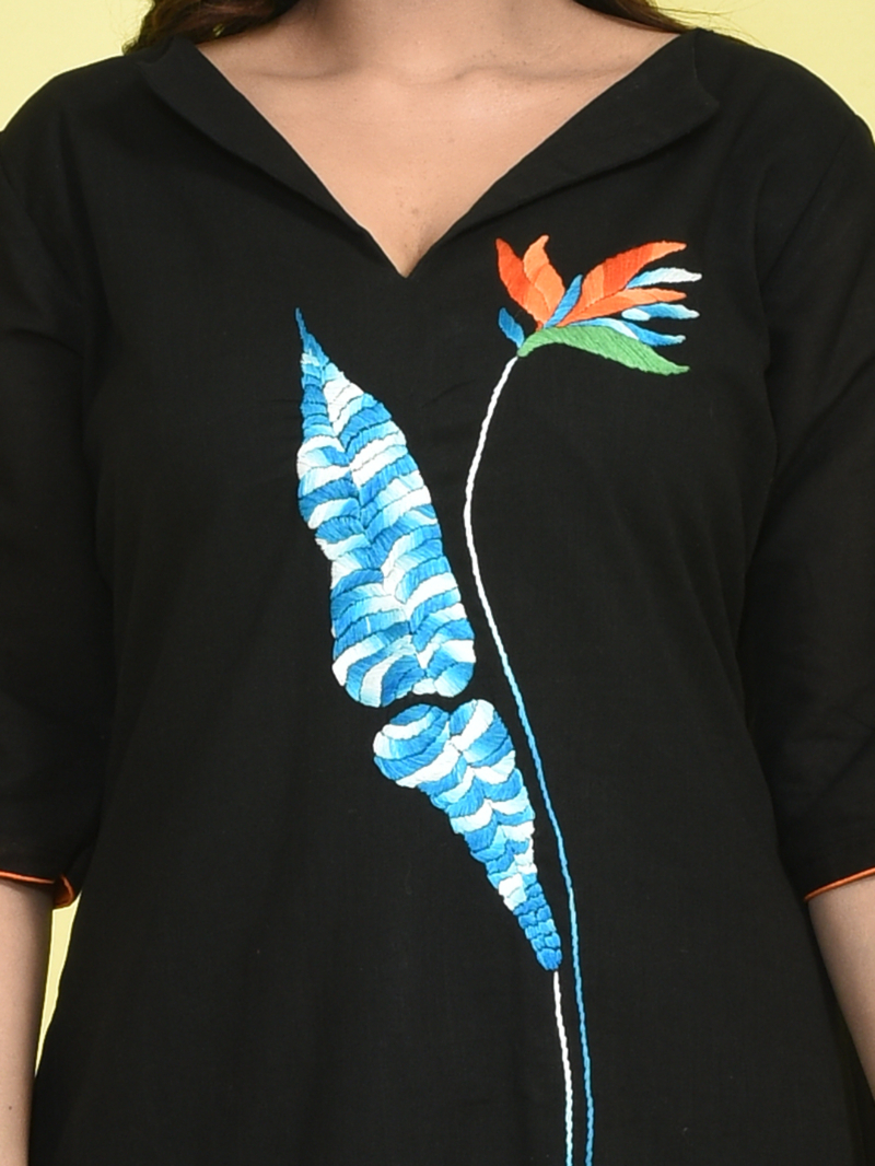 Black Canna Design Hand Embroidered Khadi Kurta with White Chikankari Embroidered Cotton Pants - Image 6