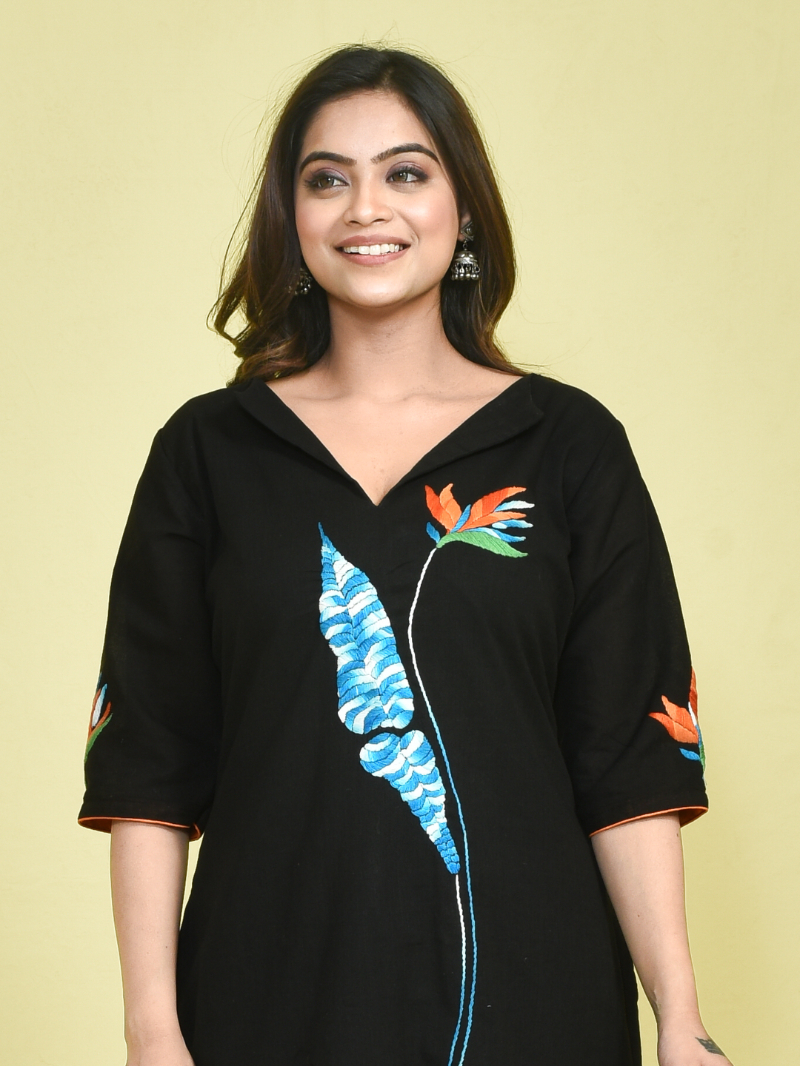 Black Canna Design Hand Embroidered Khadi Kurta with White Chikankari Embroidered Cotton Pants - Image 5