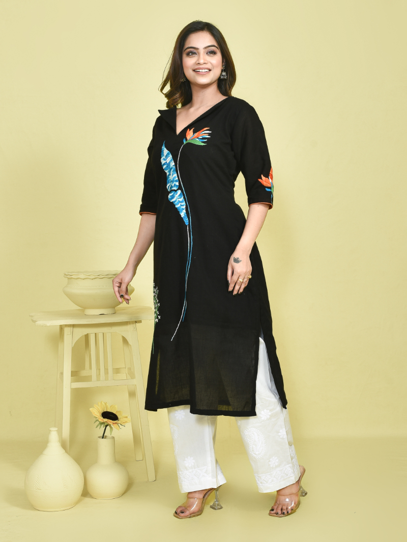 Black Canna Design Hand Embroidered Khadi Kurta with White Chikankari Embroidered Cotton Pants - Image 2