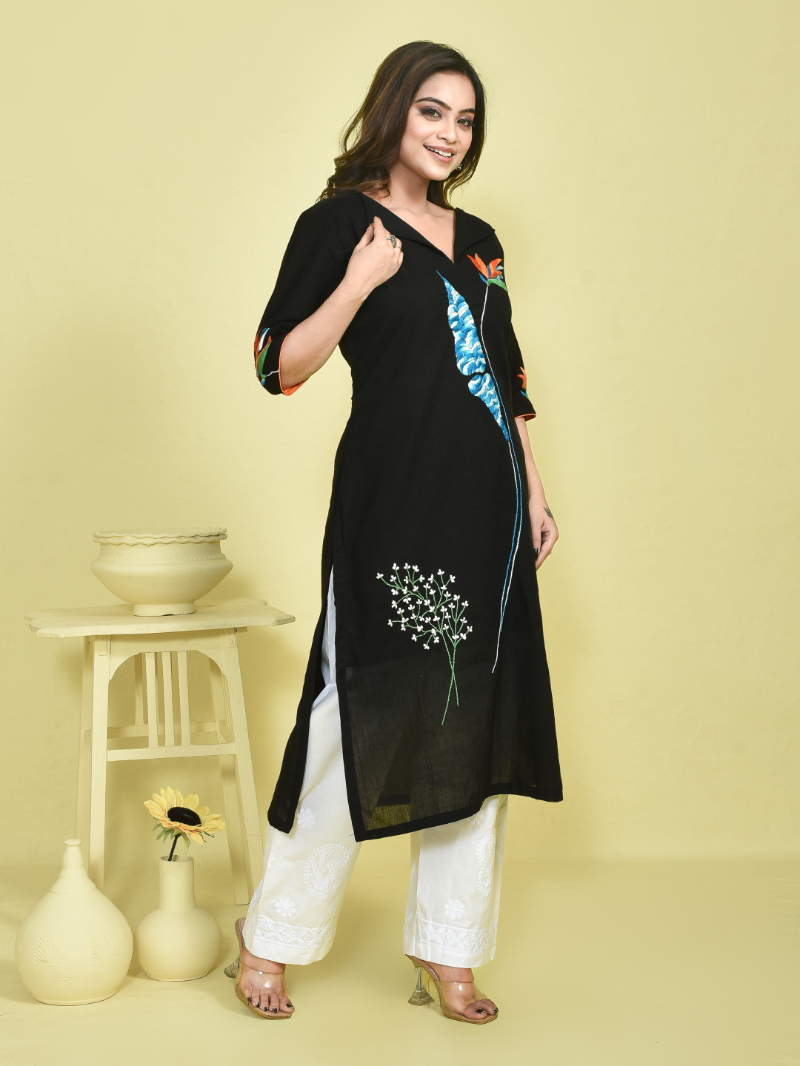 Black Canna Design Hand Embroidered Khadi Kurta with White Chikankari Embroidered Cotton Pants - Image 3