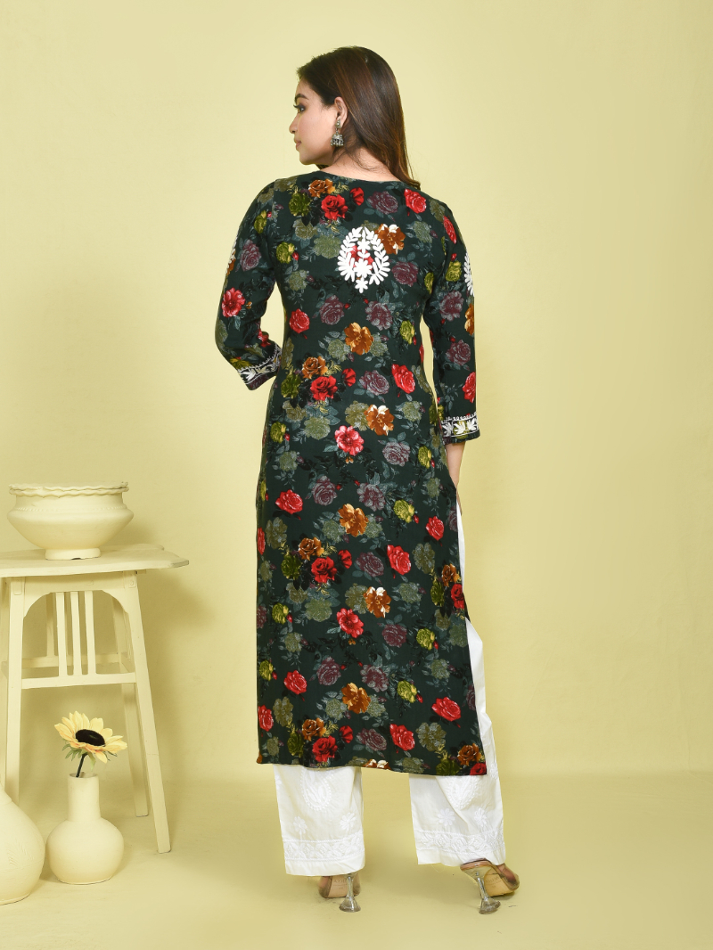 Moss Green Chikankari Work Floral Printed Mulmul Kurta Set with White Cotton Chikankari Embroidered Pants - Image 4