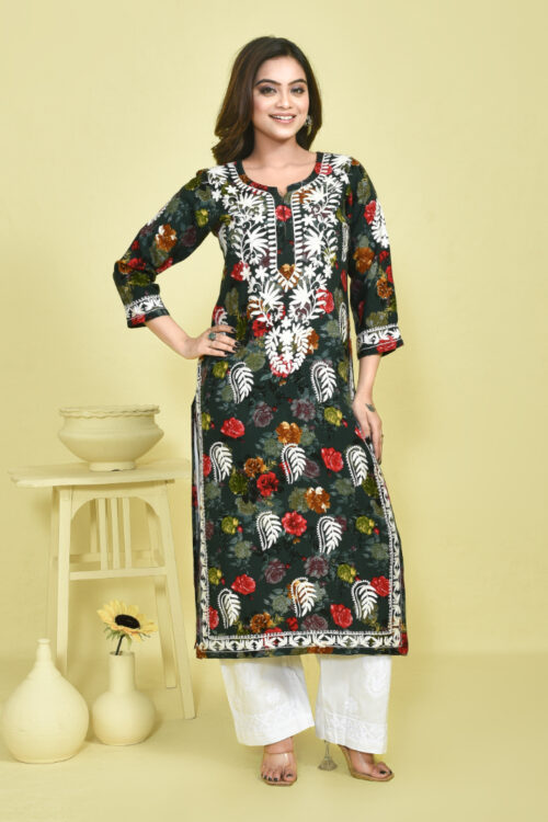 Moss Green Chikankari Work Floral Printed Mulmul Kurta Set with White Cotton Chikankari Embroidered Pants