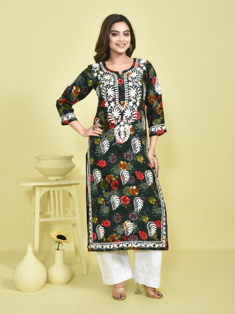 Moss Green Chikankari Work Floral Printed Mulmul Kurta Set with White Cotton Chikankari Embroidered Pants