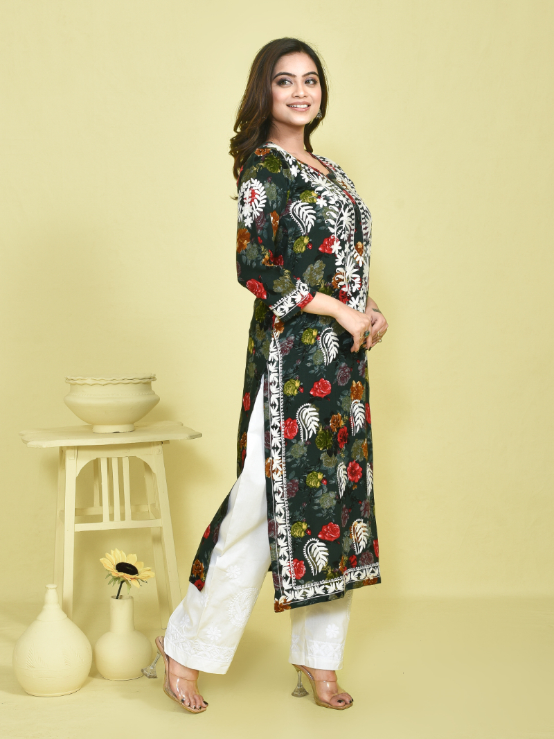 Moss Green Chikankari Work Floral Printed Mulmul Kurta Set with White Cotton Chikankari Embroidered Pants - Image 3