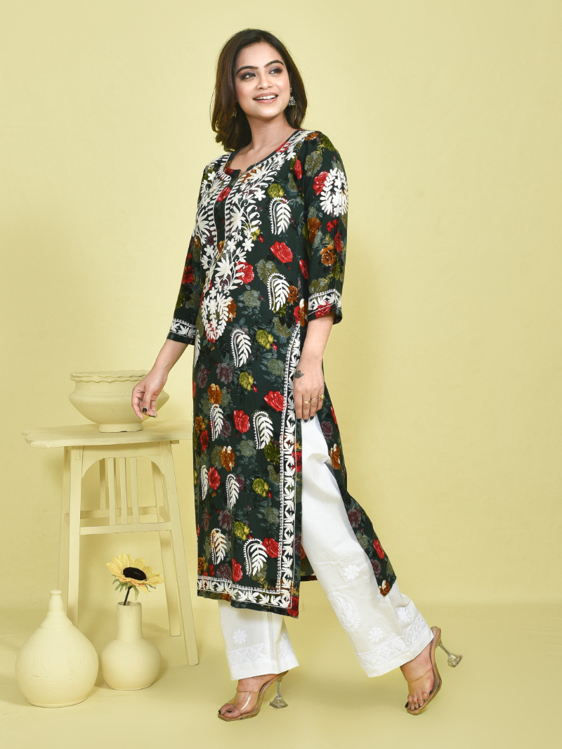 Moss Green Chikankari Work Floral Printed Mulmul Kurta Set with White Cotton Chikankari Embroidered Pants - Image 2