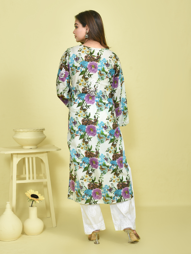 White Chikankari Work Botanical Printed Mulmul Kurta with White Cotton Chikankari Embroidered Pants - Image 4