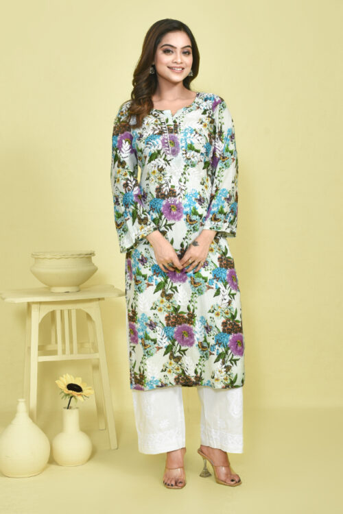 White Chikankari Work Botanical Printed Mulmul Kurta with White Cotton Chikankari Embroidered Pants