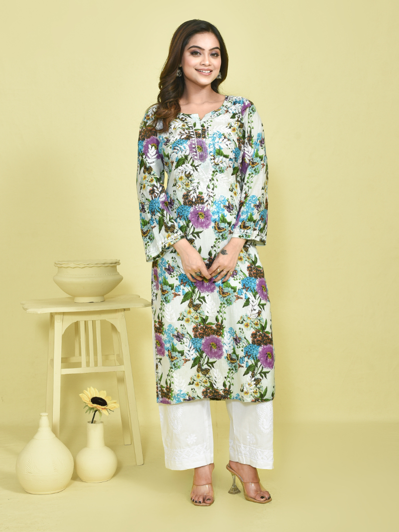 White Chikankari Work Botanical Printed Mulmul Kurta with White Cotton Chikankari Embroidered Pants