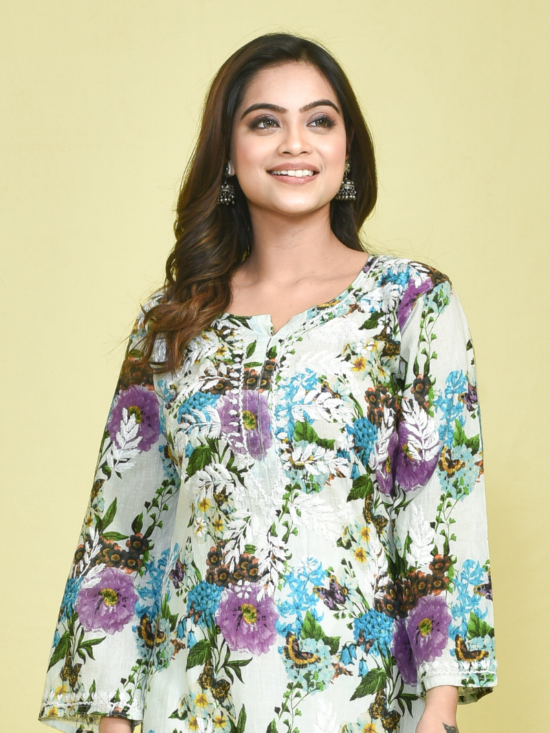 White Chikankari Work Botanical Printed Mulmul Kurta with White Cotton Chikankari Embroidered Pants - Image 5