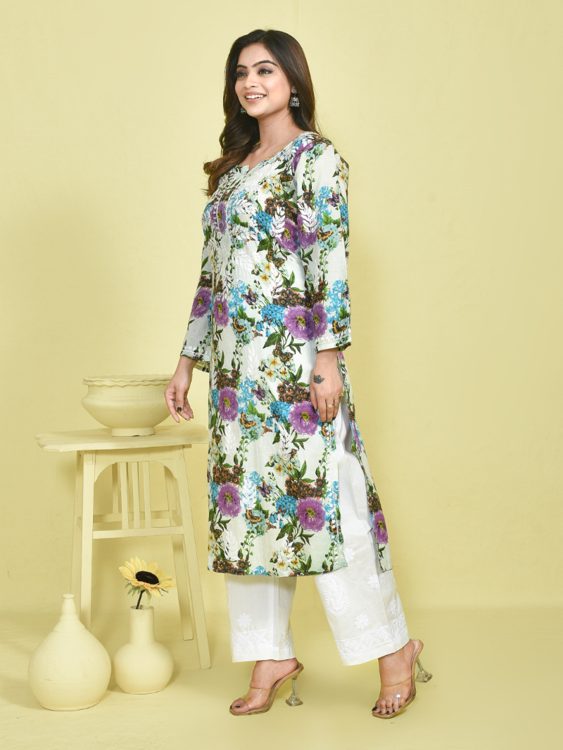 White Chikankari Work Botanical Printed Mulmul Kurta with White Cotton Chikankari Embroidered Pants - Image 3
