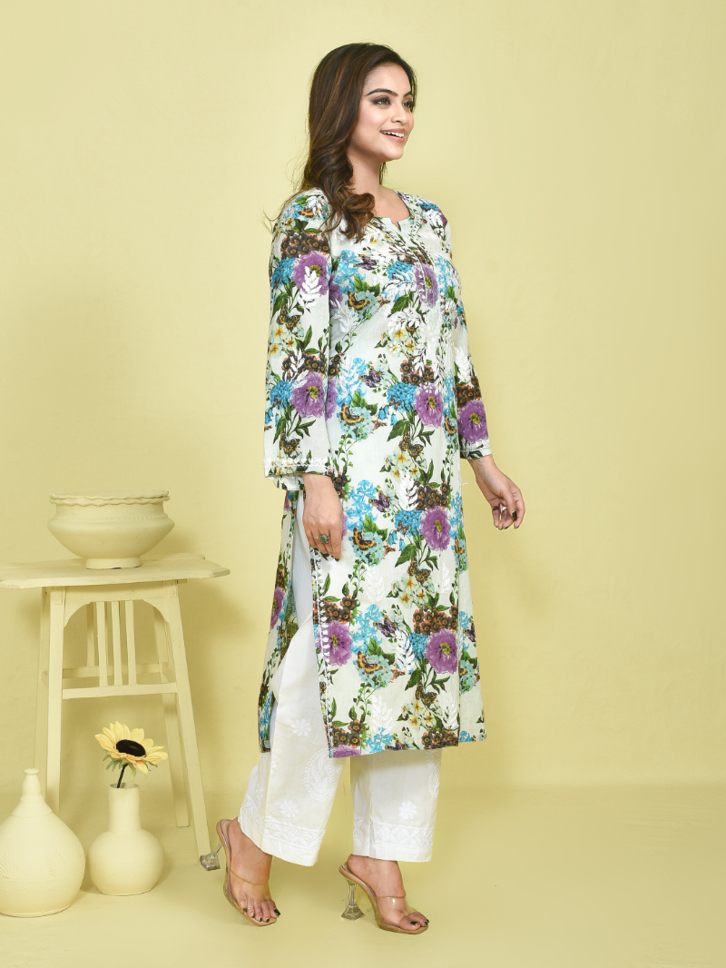 White Chikankari Work Botanical Printed Mulmul Kurta with White Cotton Chikankari Embroidered Pants - Image 2