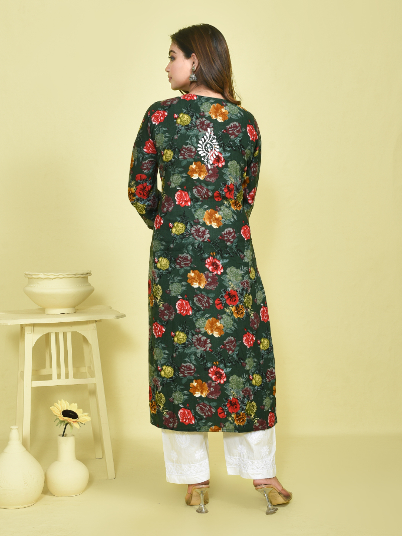 Dark Green Chikankari Work Floral Printed Mulmul Kurta Set with White Cotton Chikankari Embroidered Pants - Image 4
