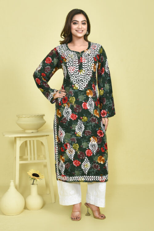 Dark Green Chikankari Work Floral Printed Mulmul Kurta Set with White Cotton Chikankari Embroidered Pants