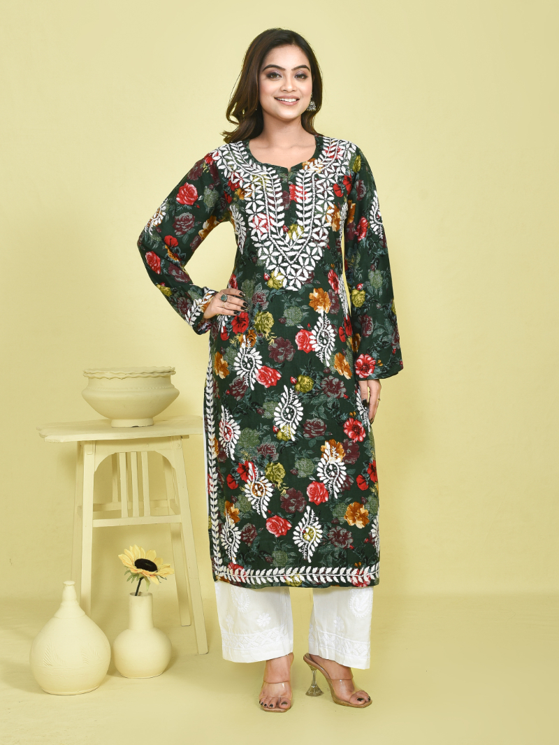 Dark Green Chikankari Work Floral Printed Mulmul Kurta Set with White Cotton Chikankari Embroidered Pants