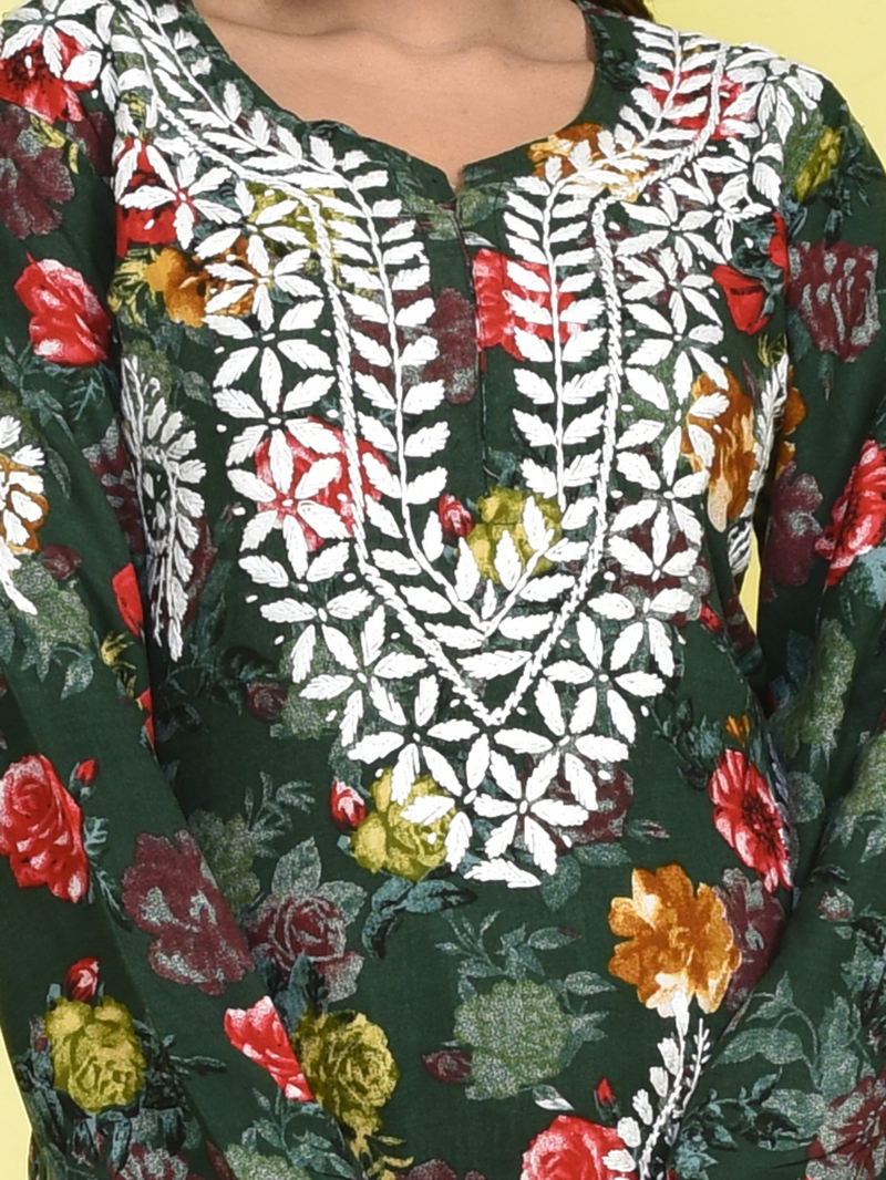 Dark Green Chikankari Work Floral Printed Mulmul Kurta Set with White Cotton Chikankari Embroidered Pants - Image 6
