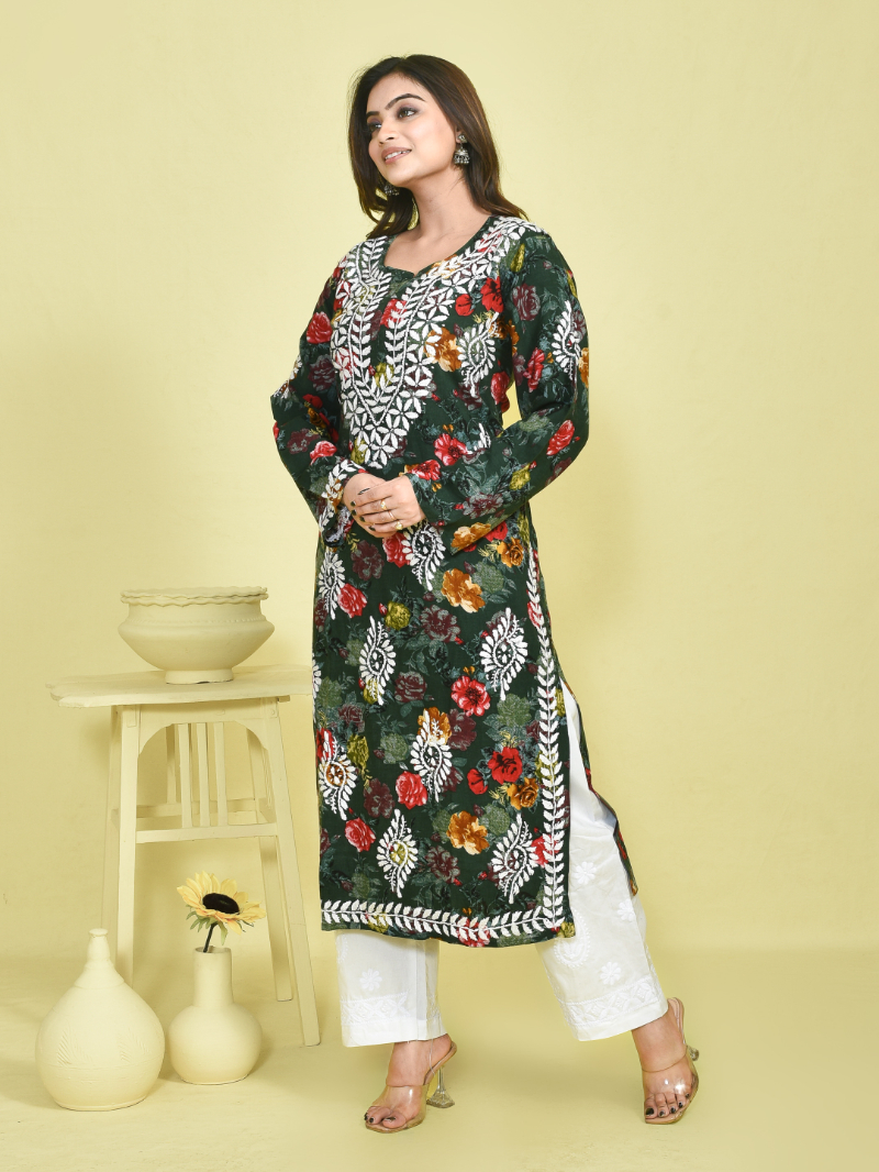 Dark Green Chikankari Work Floral Printed Mulmul Kurta Set with White Cotton Chikankari Embroidered Pants - Image 3