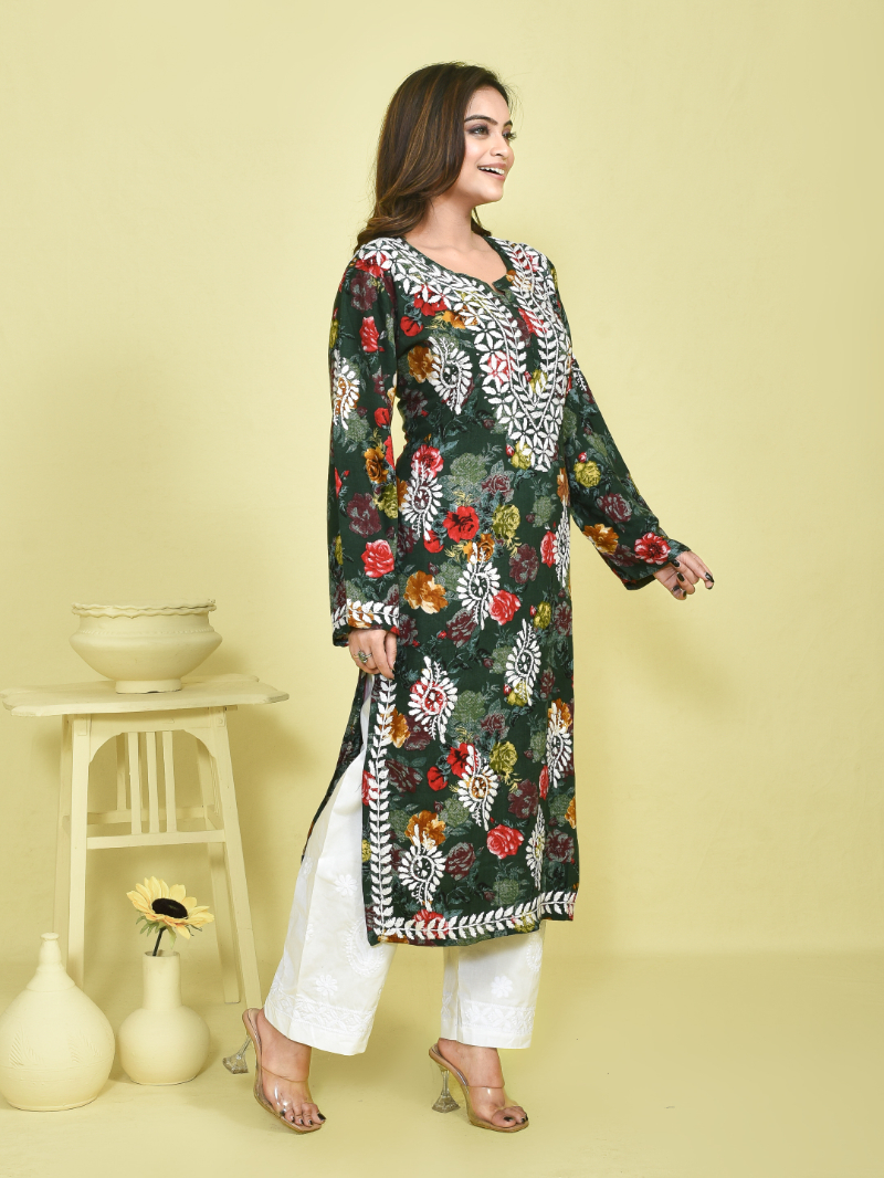 Dark Green Chikankari Work Floral Printed Mulmul Kurta Set with White Cotton Chikankari Embroidered Pants - Image 2